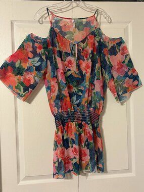 VERA BRADLEY Sz S-M Superbloom Bella Sheer Floral Cold Shoulder Mini Dress